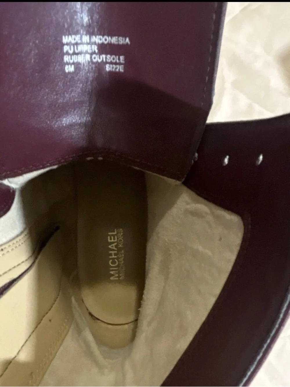 Michael Kors Maroon Leather Lace-Up Combat Boots with Gold MK Emblem